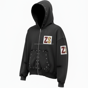 Mujeres Heavy 380GSM Fleece Zipper Hoodie Suave Algodón Poliéster Tela Custom Chenille Logo Stud Style Basics hoodies - Product Image 4