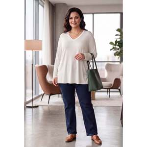 T-shirt à manches longues et col en V grande taille avec fentes latérales, écru - Product Image 4