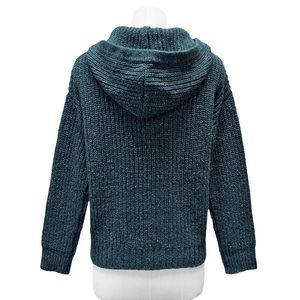 Trendy Women's Regular Sleeve <b>Merino</b> <b>Wool</b>/Nylon Alpaca Blend Melange <b>Chunky</b> Rib Knit V-neck Hooded Customized Sweater - Product Image 2