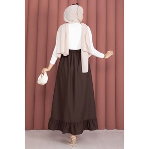Linda Falda Coreana con Pliegues y Detalle de Volantes, Cintura Elástica, Suave y Transpirable, de Seda y Chifón Marrón, Talla XS Corta - Product Image 4