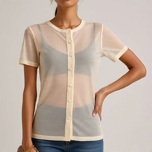Camisa corta de malla transparente con botones para mujer, camisa transparente de manga larga con cuello vuelto, camisas cortas de malla transparente para mujer - Product Image 6