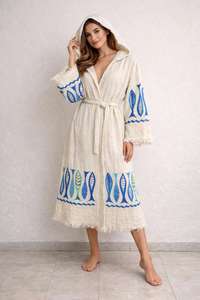 Bata de Baño con Capucha 100% Algodón Muselina para Mujer, Ligera, Estilo Spa, Kimono Boho de Playa, Bata Suave de Muselina Turca - Product Image 6