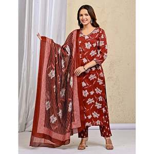 Maroon <b>Block</b> <b>Printed</b> Anarkali Kurta Pant Set Mulmul Dupatta Indian Ethnic Style Cotton Clothing for Party Wear Made Net Fabric - Product Image 6