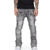 Yeni yığılmış Denim kargo kot erkekler için Biker stil cep yamalar ile yıkanmış ve ağır dantelli tarzı fabrikadan doğrudan