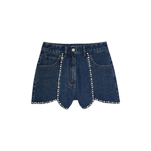 High Waist Denim <b>Shorts</b> with Rivet <b>Decoration</b> Blue Cotton Woven Casual Style Elastic Waist Quick Dry 180g Men's <b>Shorts</b> - Product Image 5