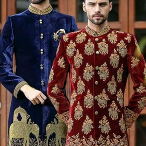 STYLISH--DESIGN of GOLD ZARDOZI EMBROIDERY on BEAUTIFUL SHERWANI & ALSO MATCHING SHOE WITH DRESS for PARTY-WEAR/WEDDING @ 2023 - Product Image 1