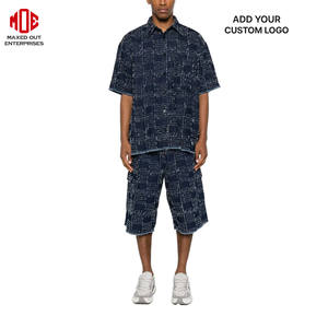 <b>Men's</b> Embroidered Grid <b>Pattern</b> Denim Jorts Custom Logo Luxury Streetwear <b>Men's</b> <b>Shorts</b> with Elastic Waist OEM Vendor Manufacturer - Product Image 2