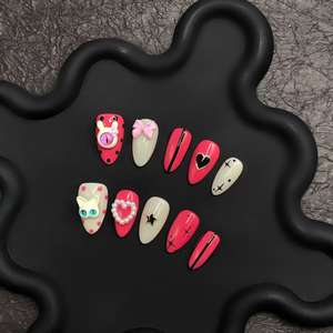 Uñas Postizas de Lujo con Estilo Chic, Cortas, Forma Ataúd, Color Rosa, Diseño de Dibujos Animados, Cobertura Completa, Incluye Pegamento para Dedos - Product Image 3
