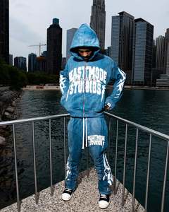 Conjunto de pantalones deportivos y Sudadera con capucha acampanados personalizados OEM para hombre, chándal recortado con estampado de hojaldre bordado, Jogger apilado - Product Image 4
