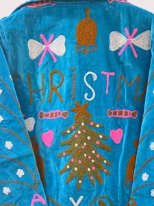 Hand Embroidered Velvet <b>Christmas</b> <b>Jacket</b> With Santa And Tree Design Mandarin Collar Full Sleeve Plus Size Women's Winter Fleece - Product Image 5