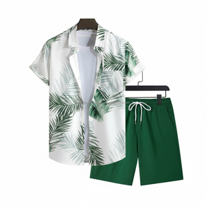 Conjunto Personalizado OEM con Estampado Tropical para Hombre - Camisa de Manga Corta y Pantalones Cortos con Estampado de Hojas de Palma Verdes, Conjunto de Verano de 2 Piezas - Product Image 2