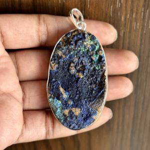 Tendance 925 Sterling Argent Plaqué Or Collier Naturel Azurite Druzy Cristal ovale Femmes Mode Pendentif Charme Accessoire - Product Image 2