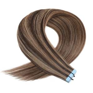 Extensions de cheveux à bandes adhésives 23 # Cheveux humains Remy brun foncé blond cassé 2/12, 30 pouces, ondulations lâches - Product Image 1