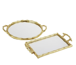Plateau miroir à poignée latérale en métal bambou avec finition dorée moderne Accent décoratif Plateau décoratif métal et miroir de Noël - Product Image 1