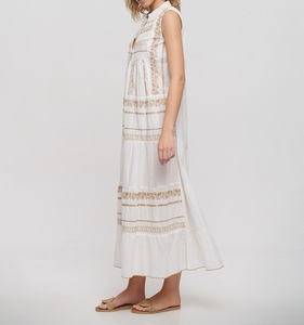 Vestido Casual sin Mangas de Algodón Blanco, Silueta en A, Talla Única, Largo hasta el Suelo, con Bordado Beige y Lentejuelas, Cintura Natural - Product Image 3