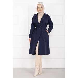 Abrigo de Gabardina Azul Marino Premium para Mujer Allerli, Cierre Cruzado, Cinturón Desmontable para Otoño - Product Image 3