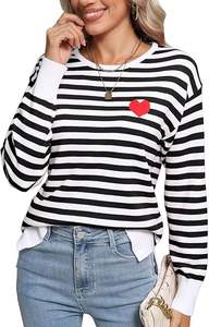 Suéter informal de punto a rayas de manga larga para mujer con Parche de corazón cuello redondo suave ligero Otoño Invierno Top - Product Image 5