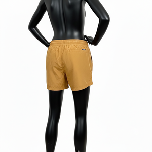 Shorts pour femmes en nylon et élasthanne de qualité supérieure, 210 GSM, couleur sable moutarde, doux, séchage rapide, logo brodé personnalisé - Product Image 5