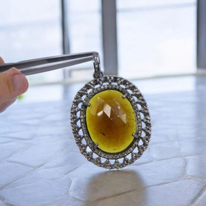 925 argent Sterling naturel jaune Tourmaline tranche à facettes coupe pierre diamant pendentif pierres précieuses fines pendentif bijoux - Product Image 3
