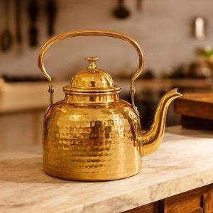 <b>Large</b> brass metal <b>tea</b> kettle ergonomic handle fast boiling energy efficient suitable for everyday family kitchen use - Product Image 1