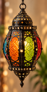 Lanterne suspendue marocaine artisanale Farida Hookahs, lampe à suspension vintage en métal, verre coloré multicolore, finition laiton doré/gris - Product Image 3