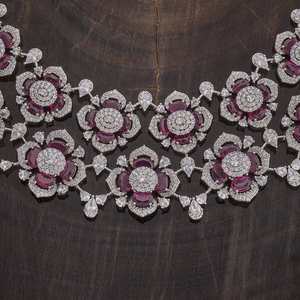 Zircon Crystal Flower Shape Short Women's Wedding <b>Necklace</b> with Green <b>Ruby</b> Stones Rodium Polish and Claw Setting 178394 - Product Image 3