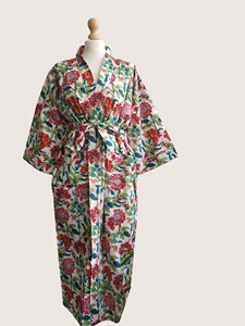 Bata Larga Estampada Floral para Mujer, Manga Tres Cuartos, 100% Algodón, Estilo Casual de Verano, Cierre con Cordón - Product Image 1