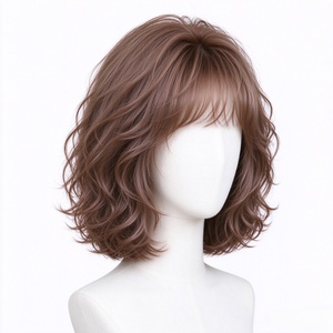Milk Tea Brown <b>Short</b> Wavy Bob <b>Human</b> <b>Hair</b> <b>Wig</b> With Thin Air Bangs - Product Image 5