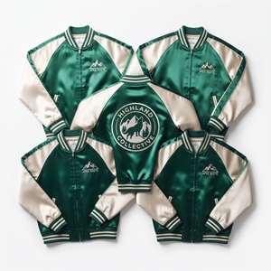 Wholesale Satin Bomber <b>Jacket</b> Black <b>Silver</b> Compass Embroidered Varsity Coat Front Zip Ribbed Trim Factory Direct - Product Image 6