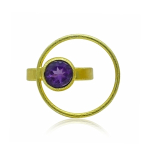 Vintage Brass Gold Plated Amethyst Gemstone <b>Ring</b> Geometric Minimalist Fashion Jewelry Unisex Everyday Wear Bezel Setting - Product Image 1