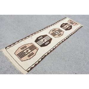 Rústico Beige Marrón 2,6X9,4 pies Área grande Alfombra de lana hecha a mano Rectángulo abstracto turco Diseño de retazos Látex para habitación de pasillo - Product Image 2