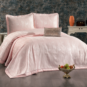 Ensemble de couvre-lit Guzide Larissa Salmon Pink 4 pièces rayé 100% chenille tissé anti-acariens anti-déchirures lavable taille King - Product Image 1