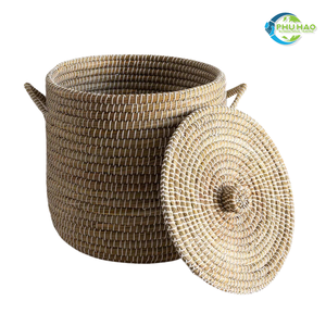 Panier de rangement en rotin, jonc de mer, bambou, jacinthe d'eau, avec doublure en coton amovible, parfait pour le rangement et la décoration. - Product Image 3