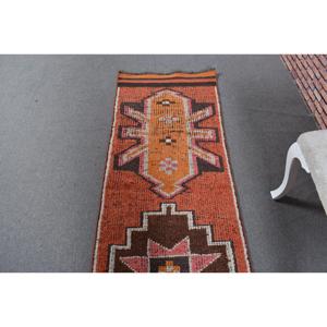 Vintage <b>Rug</b>, 2.4x10 ft <b>Runner</b> <b>Rug</b>, Orange Check Wool Turkish <b>Rug</b> - Product Image 4