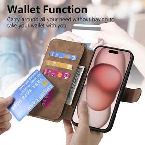 Étui de chargement sans fil 2 en 1 en cuir avec porte-cartes à fermeture éclair pour <span class=keywords><strong>iPhone</strong></span> 15 16 Pro Max 14 Plus 13 12 11 <span class=keywords><strong>XS</strong></span>, housse de sac détachable - Product Image 2