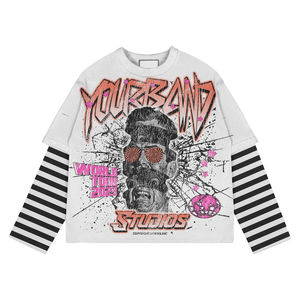 Factory Direct Sale High Quality 250GSM Thick Vintage Wear Double Layer Full <b>Sleeve</b> <b>Stripe</b> <b>Sleeves</b> Crew Neck Printed <b>T</b>-<b>Shirts</b> - Product Image 2