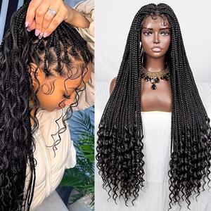 Vente en gros Perruque ombrée longue sans nœuds avec tresses en boîte Perruque double dentelle carrée tressée brodée avec cheveux de bébé pour femmes noires - Product Image 3