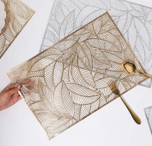 Gold Grey Metal Rectangular <b>Placemats</b> with Leaf Pattern Cutwork Decorative <b>Dining</b> <b>Table</b> Centerpiece for Hotel & Restaurant Use - Product Image 3