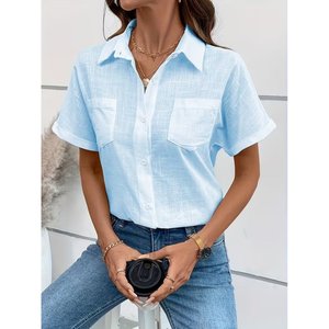 Camisa de Manga Corta con Cuello y Botones para Mujer, 34977 - Azul - Product Image 1