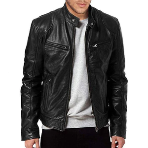 Chaqueta de motociclista de cuero casual al por mayor de fábrica con logo personalizado, cuello alto, corte ajustado y bolsillos con cremallera para hombre - Product Image 1