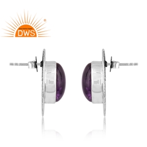Best quality oxidized <b>sterling</b> <b>silver</b> natural Amethyst gemstone <b>stud</b> earring custom jewelry manufacturer - Product Image 2
