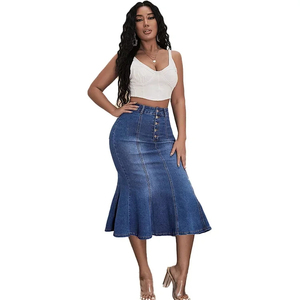 กระโปรงยีนส์ยาวปักลายคุณภาพสูงสำหรับผู้หญิง สไตล์ลำลอง เอวสูง ทรงสตรีท ผ่าข้าง ชายรุ่ย - Product Image 3