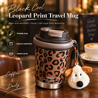 Mug de voyage isotherme en céramique à imprimé léopard avec sangle décorative, tasse portable esthétique pour femme, logo personnalisé, vente en gros