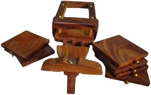Tea <b>Coasters</b> <b>Set</b> of 6 with Wooden Stand | Handcrafted Wood Designer Baggi Shape Tea <b>Coasters</b> with Holder | Dining, Tea & Coffee - Product Image 2