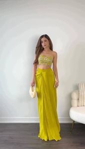 Mới nhất thiết kế Đảng & Wedding mặc chinon lụa chuỗi thêu làm việc choli với dhoti và nhún vai đầy đủ Khâu sẵn sàng để mặc - Product Image 5