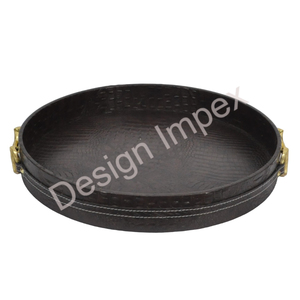 Bandeja ecuestre redonda recubierta de cuero Asas de estribo de caballo dorado Bandeja ecológica Bandejas decorativas de alto estándar para servir Ventas - Product Image 1