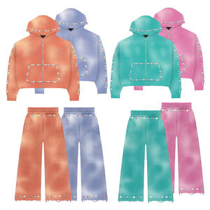 Personalizado Vintage Washed Sunfaded Mens Chándal Sudaderas Oem Rhinestone Dos piezas Pantalones de chándal Sudadera con capucha Conjuntos - Product Image 1