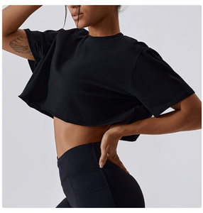 Haute qualité couleur unie haut court t-shirt été à manches courtes basique col rond manches courtes hauts courts t-shirts coton polyester - Product Image 3
