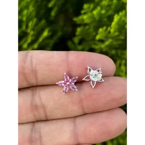 Natural Pink Sapphire Floral <b>Stud</b> <b>Earrings</b> 925 Sterling Silver Handmade Fine Gemstone Jewelry Wholesale Supplier - Product Image 3