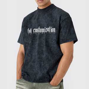 เสื้อยืดคอตตอนหนานุ่ม พิมพ์ลายโลโก้ สไตล์วินเทจ ย้อมสีเอซิด ทรงโอเวอร์ไซส์ สีดำ สำหรับผู้ชายและผู้หญิง สไตล์ดิสเทรส พร้อมบริการสกรีนลาย DTG แบบกำหนดเอง - Product Image 1